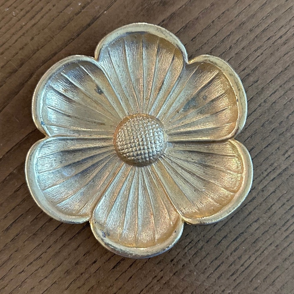 Vtg Revlon Gold Tone Flower Trinket Dish Metal Jewelry Tray Hollywood Regency